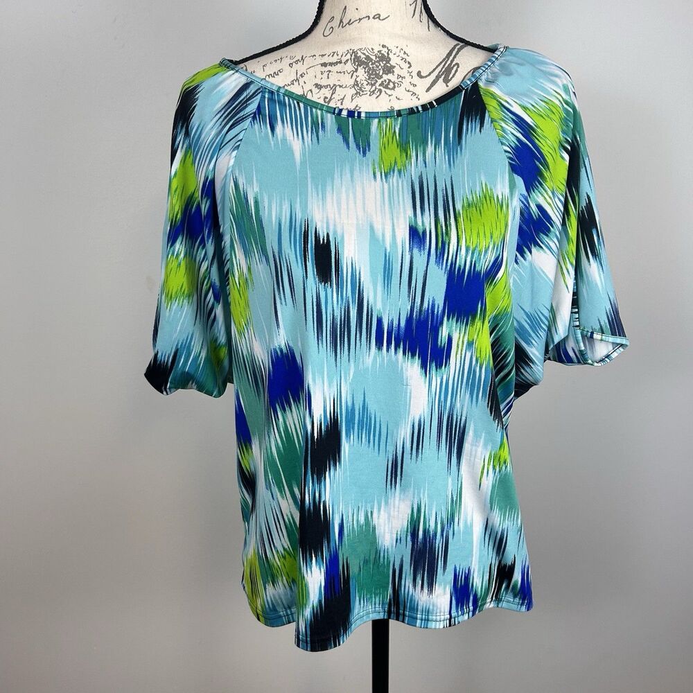 New Directions Blouse M Blue Green Abstract Print Top Casual Work Stretch